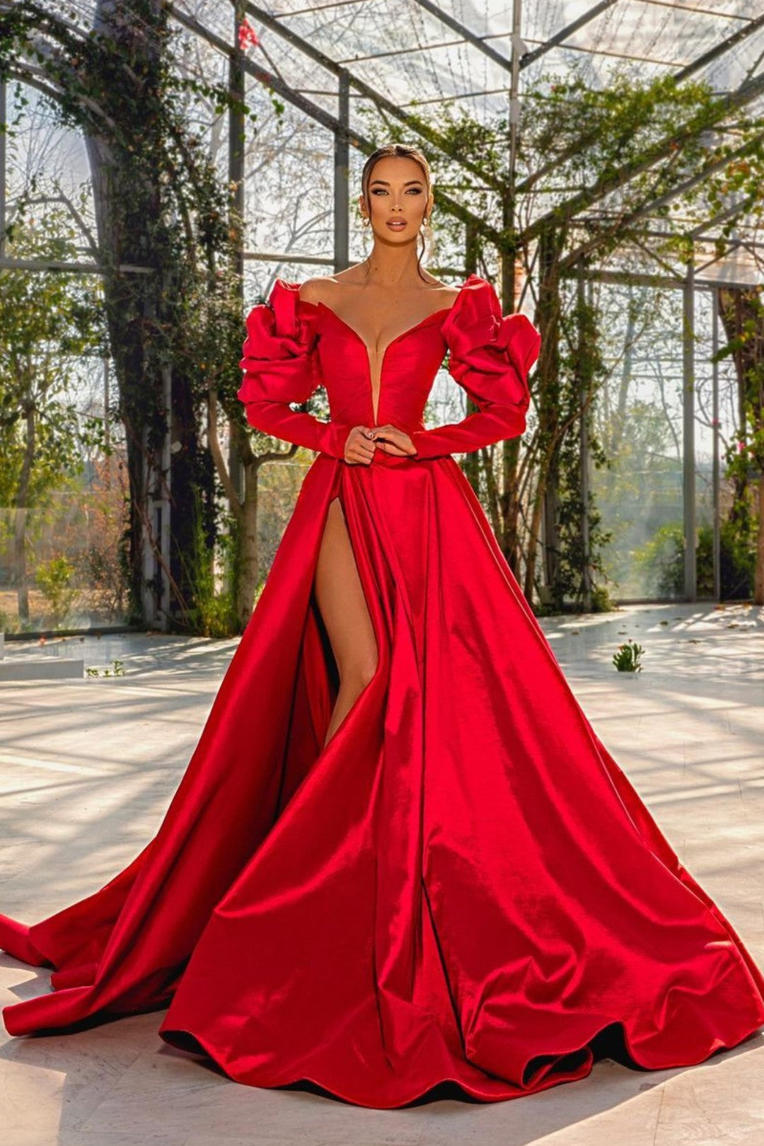 Sexy Red V Neck Bubble Sleeves Satin Long Prom Dress With Slit Sexy Red V Neck Bubble Sleeves Satin Long Prom Dress With Slit