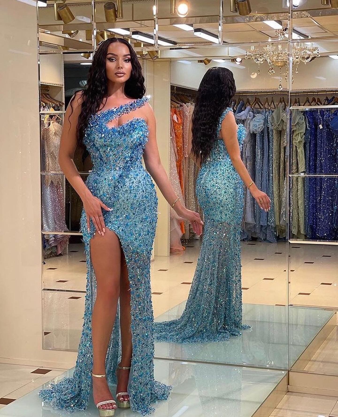 Vintage Long Sequined Beadings One Shoulder Mermaid Prom Dress With Sp –  BIZTUNNEL