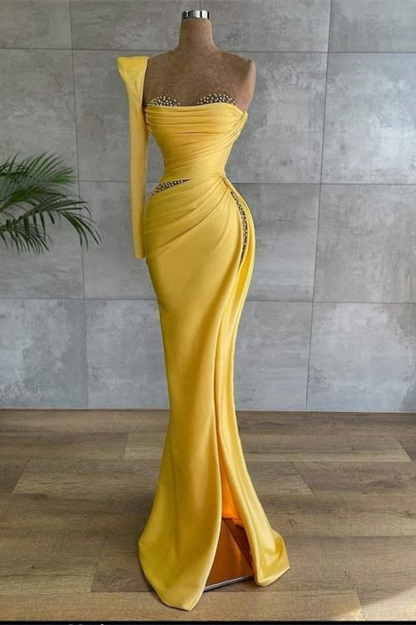 Yellow Long Mermaid Asymmetrical Beads Satin Prom Dress With Sleeves Yellow Long Mermaid Asymmetrical Beads Satin Prom Dress With Sleeves