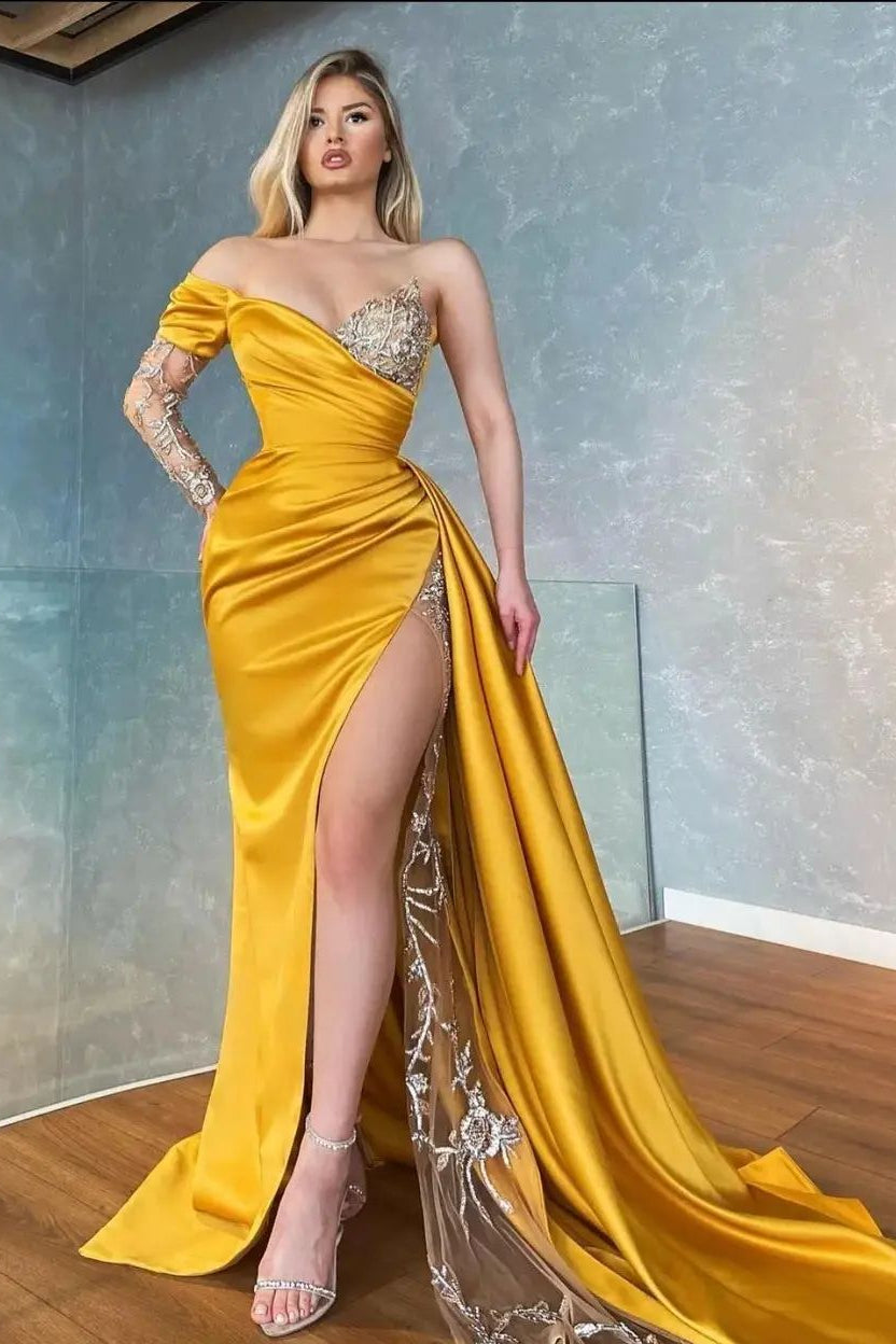 fitted lace wedding dress Off the Shoulder Yellow Long Prom Dresses, Yellow Off Shoulder Long Formal  Evening Dresses main image 1
