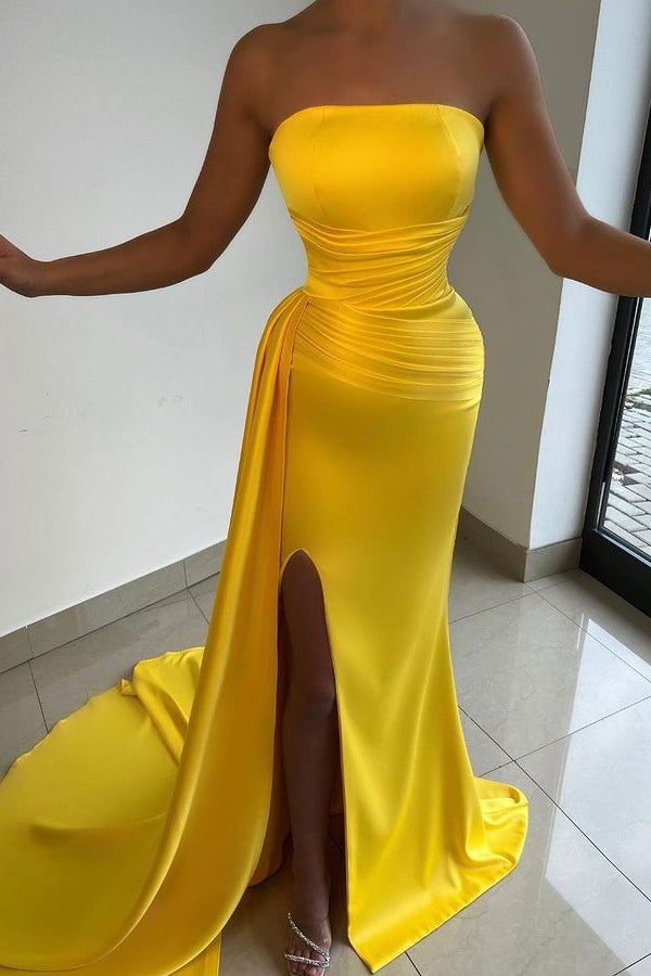 Yellow Long Strapless Sleeveless Satin Mermaid Prom Dresses with Slit BIZTUNNEL Yellow Long Strapless Sleeveless Satin Mermaid Prom Dresses with Slit BIZTUNNEL