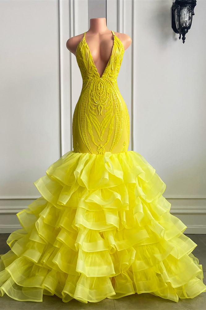 slim fit dress slacks Yellow Long V Neck Halter Mermaid Tulle Lace Prom Dress with Ruffle –  BIZTUNNEL