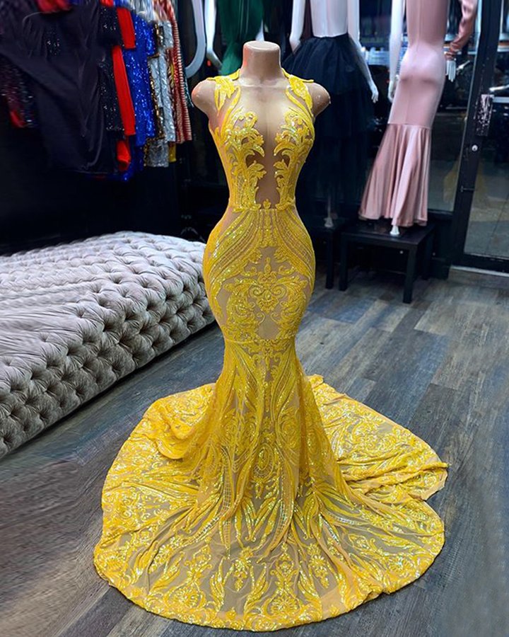 chinese dress ladies Yellow Long V-Neck Sleeveless Sequins Lace Mermaid Prom Dress