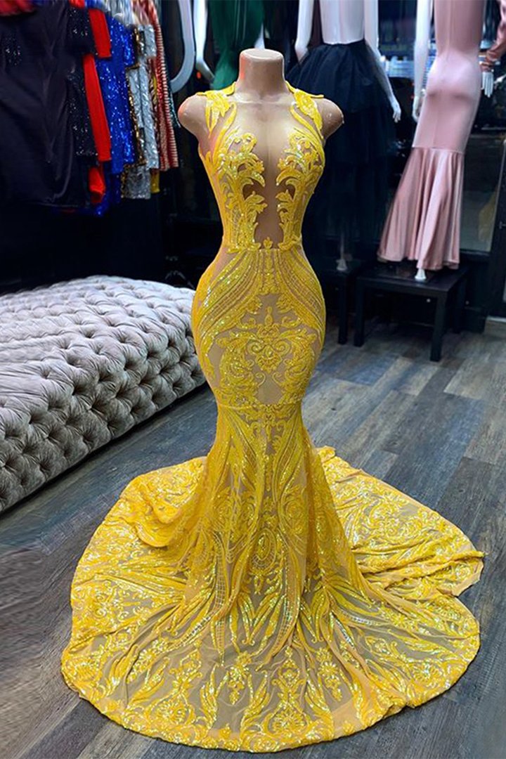 yellow lace mermaid dress Unique Mermaid Sweetheart Yellow Lace Slit Prom Dresses Long Party Dre VOAND