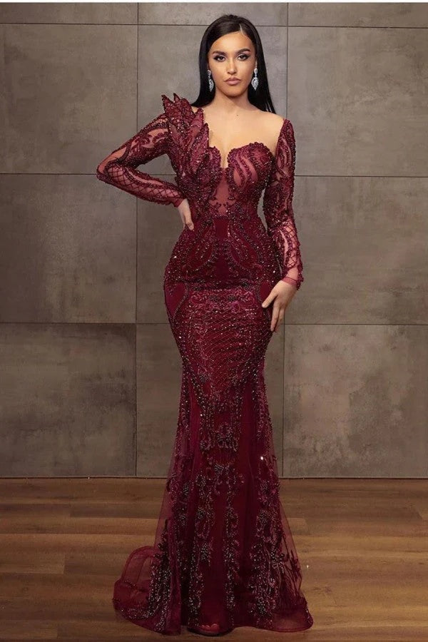 Stunning Burgundy Mermaid Lace Tulle Formal Evening Dresses