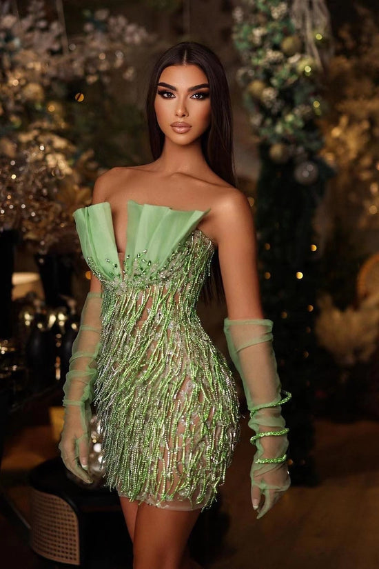 Green Strapless Off-the-Shoulder Beads Mermaid Prom Dress with V-Neck