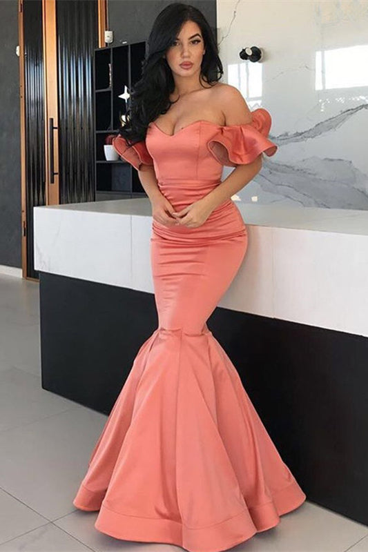 Stunning Coral Mermaid Prom Gown with Off-the-Shoulder Style