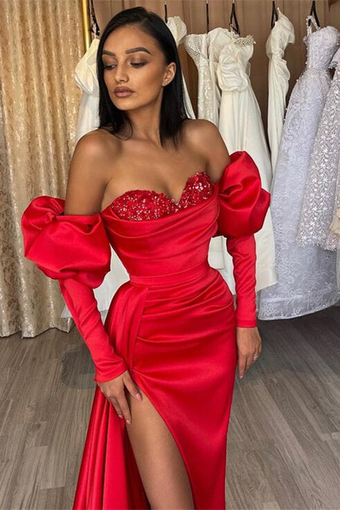 Stunning Scarlet Off-the-Shoulder Prom Gown with Glamorous Bubble Sleeves and Sequin Details
