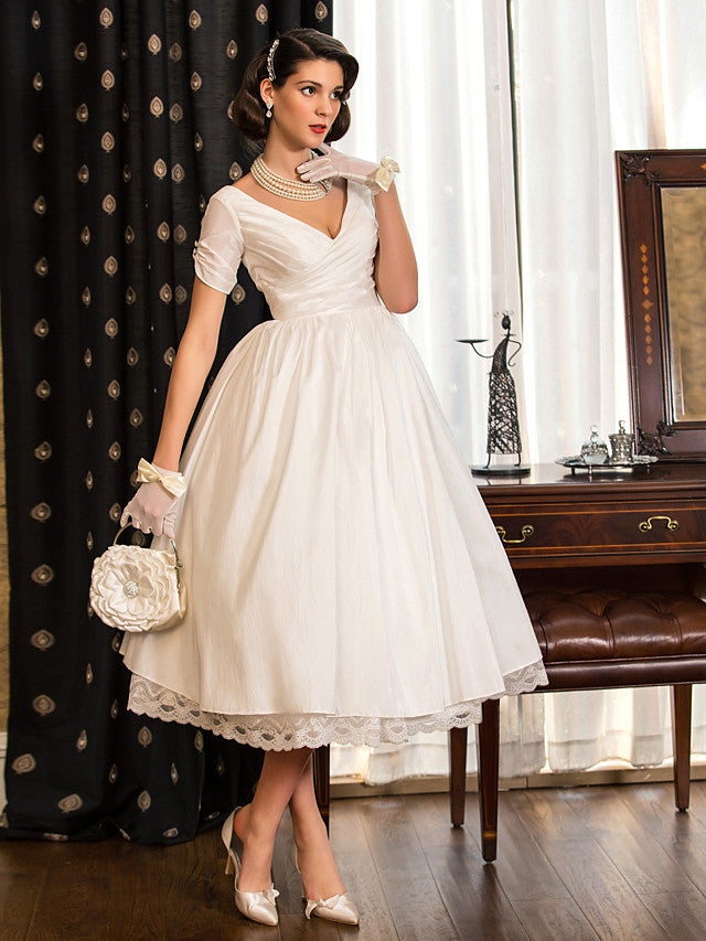 1950s Vintage Short A-Line V Neck Wedding Dresses with Sleeves-BIZTUNNEL