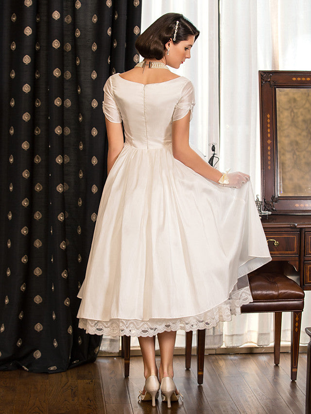 1950s Vintage Short A-Line V Neck Wedding Dresses with Sleeves – BIZTUNNEL