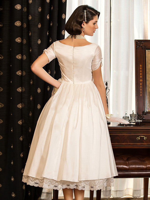 Carregar imagem no visualizador da galeria, 1950s Vintage Short A-Line V Neck Wedding Dresses with Sleeves-BIZTUNNEL
