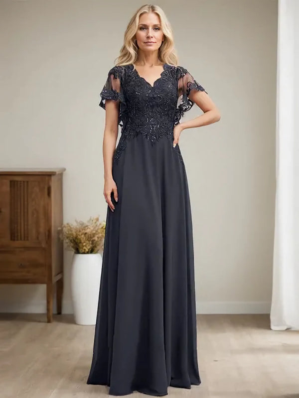 A-Line V-Neck Floor-Length Lace & Chiffon Mother of the Bride Dress