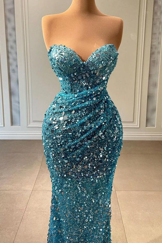 Light Blue Prom Dress with Sweetheart Strapless Neckline Sleeveless Design and Sequin Embellishments