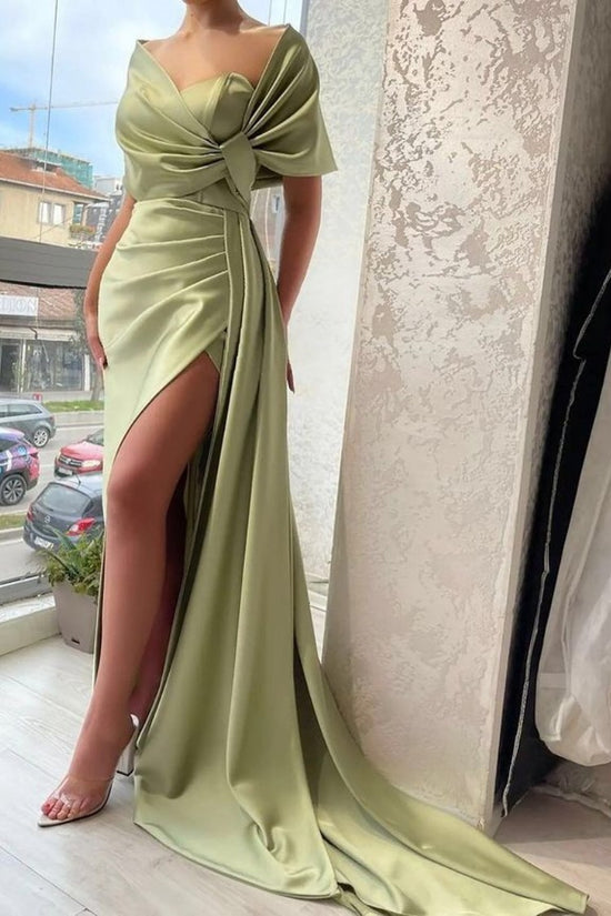 Stunning Sage Green Portrait V-Neck Prom Dress with Elegant Pleats and Slit