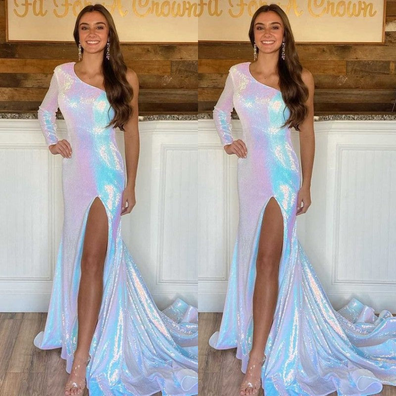 Stunning One Shoulder Long Sleeve Mermaid Prom Gown Featuring a Thigh-High Split