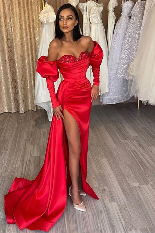 Stunning Scarlet Off-the-Shoulder Prom Gown with Glamorous Bubble Sleeves and Sequin Details