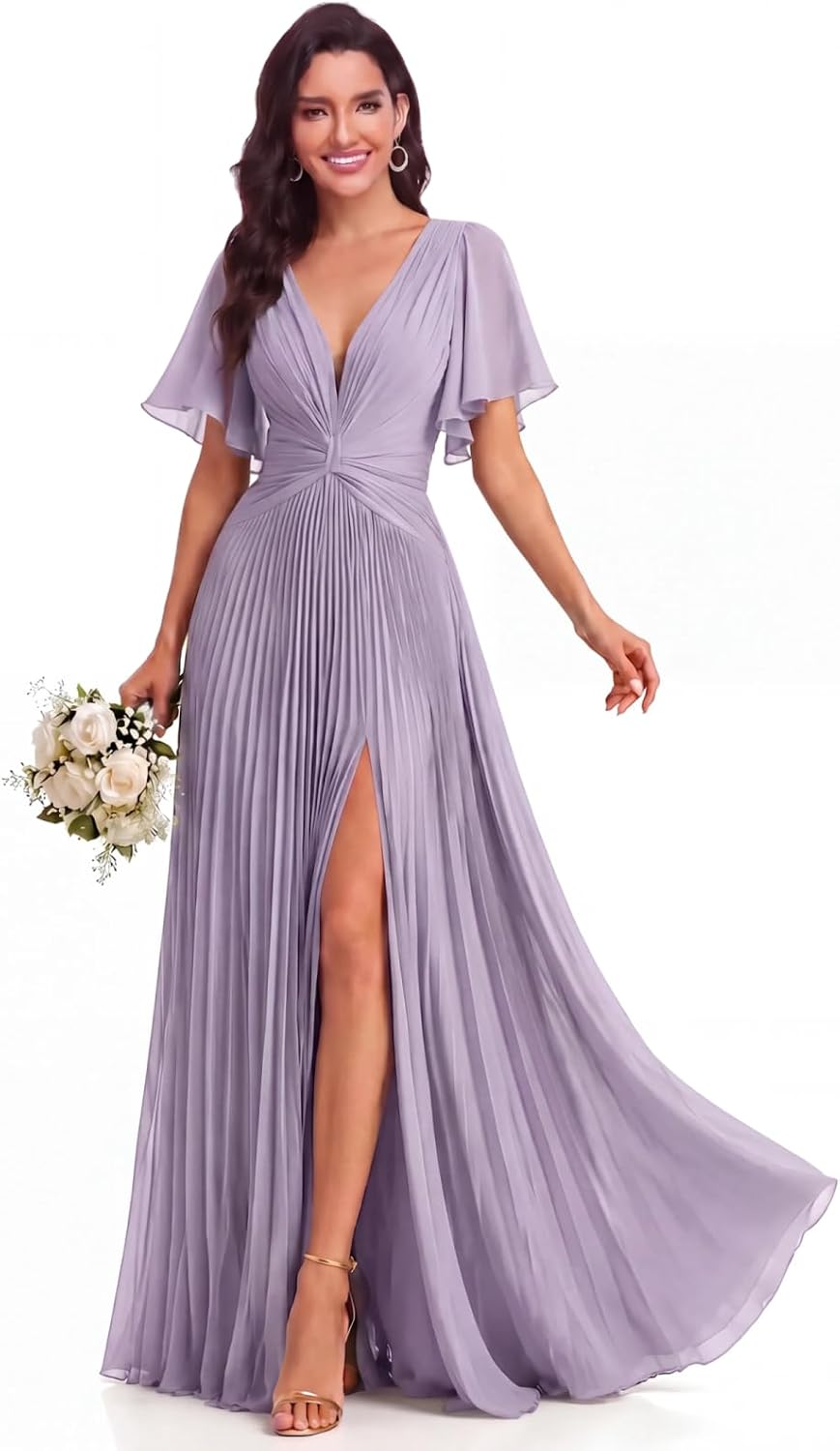 Biztunnel D.R.E.S.S. Womens Bridesmaid Dresses Deep V Neck Pleated Flutter Ruff - Lavender