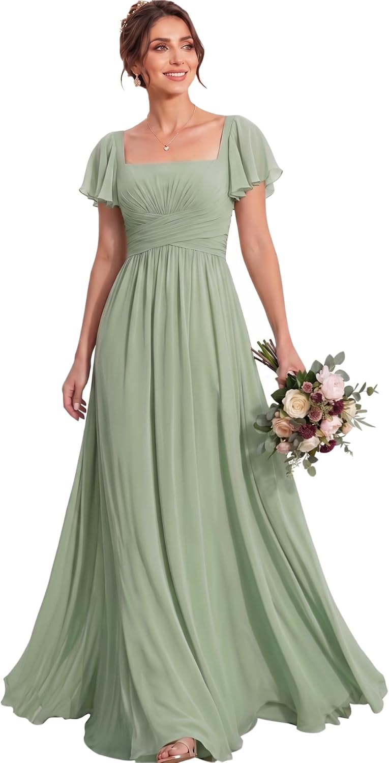Biztunnel Women's Flutter Sleeves Bridesmaid Dresses Square Neck Chiffon Maxi Dres - Sage Green