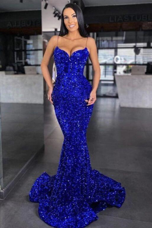Sweetheart Spaghetti Strap Mermaid Prom Dress With Sequins in Royal Blue