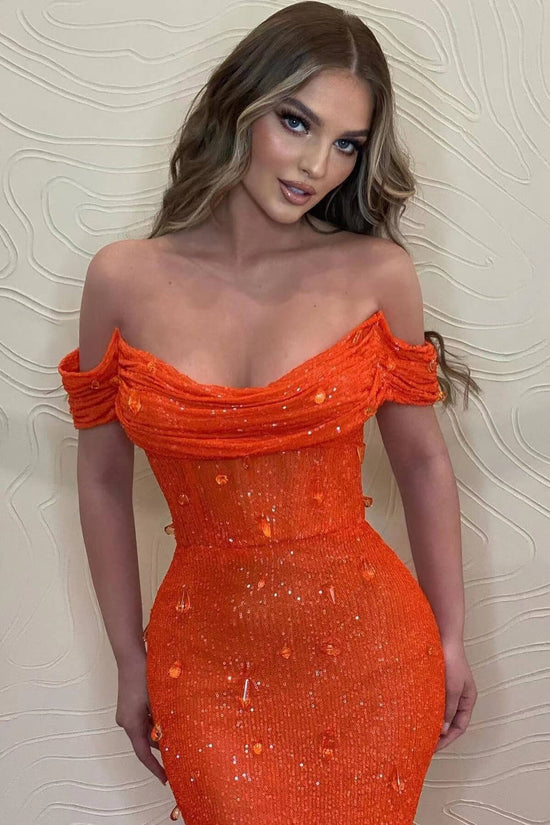 Orange Mermaid Off The Shoulder Prom Dress With Sequins