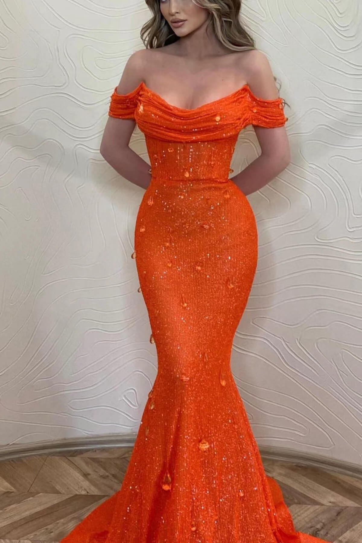Orange Mermaid Off The Shoulder Prom Dress With Sequins