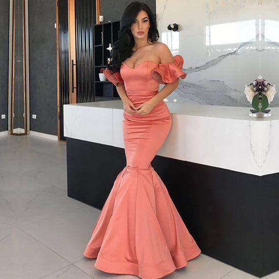 Stunning Coral Mermaid Prom Gown with Off-the-Shoulder Style