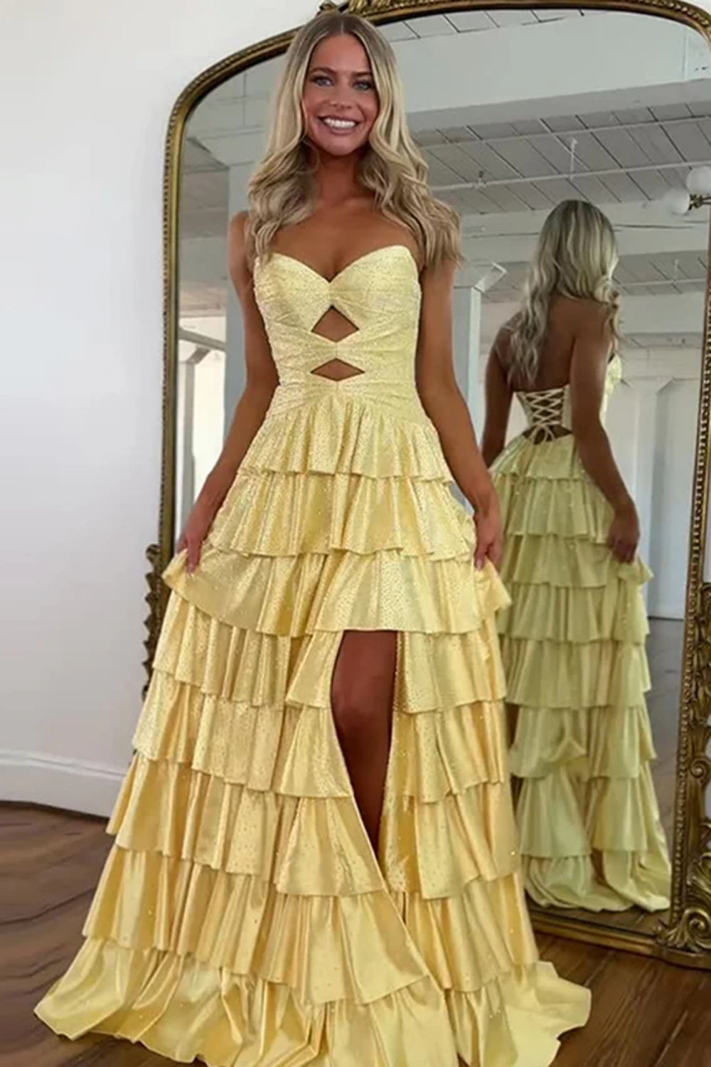 Biztunnel A-line Strapless Ruffled Long Sleeveless Sweetheart Prom Dress with Split