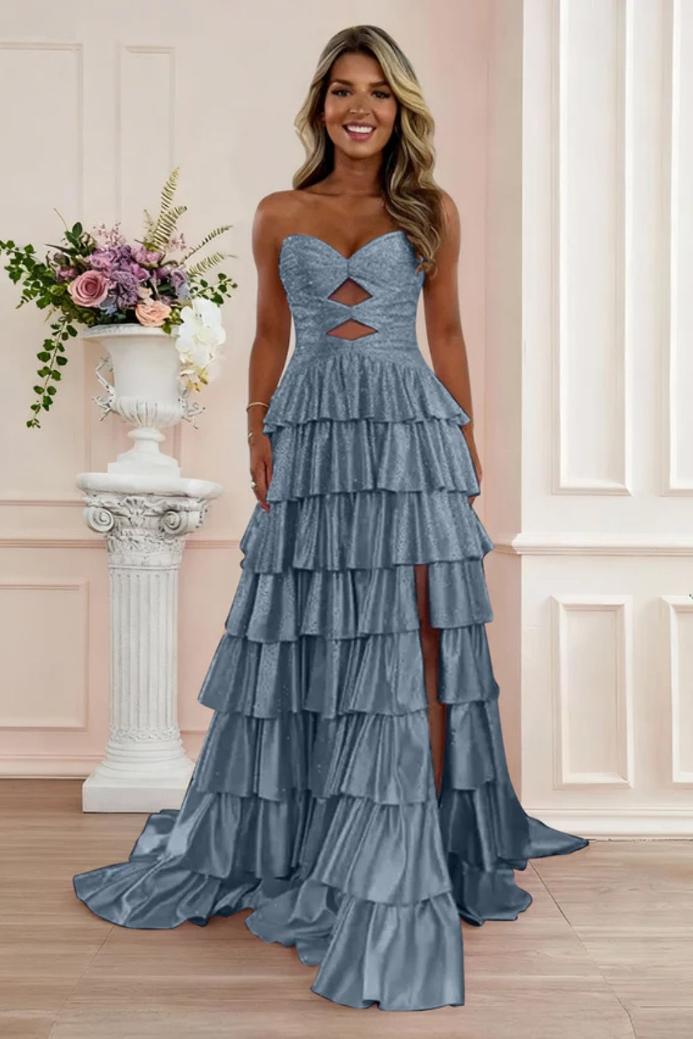 Biztunnel A-line Strapless Ruffled Long Sleeveless Sweetheart Prom Dress with Split