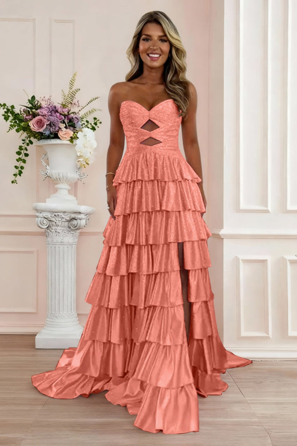 strapless a-line ruffle long prom dress with split Strapless A-Line Waist Corset Ruffle Long Prom Dress With Split Frisco Dresses