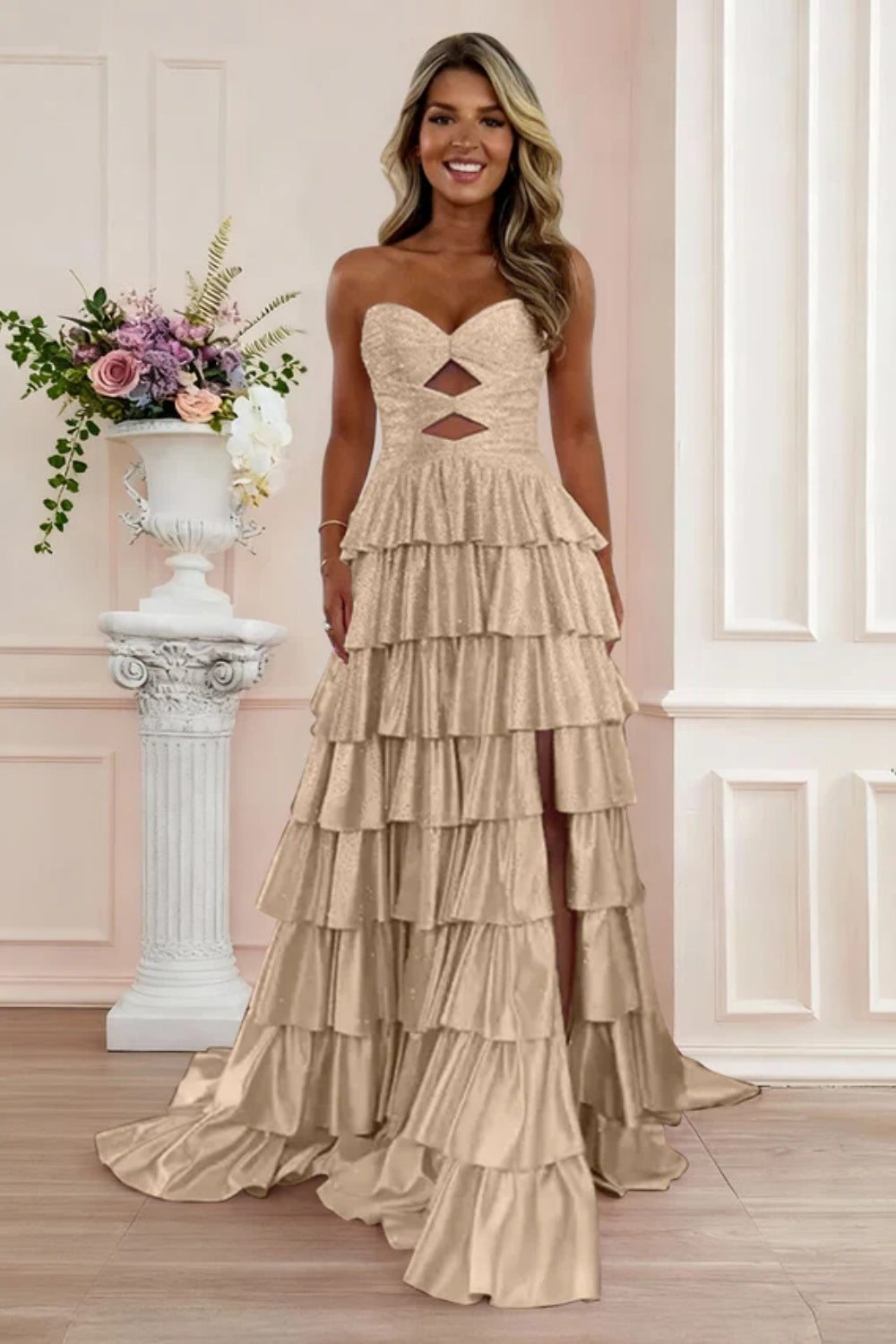 Biztunnel A-line Strapless Ruffled Long Sleeveless Sweetheart Prom Dress with Split