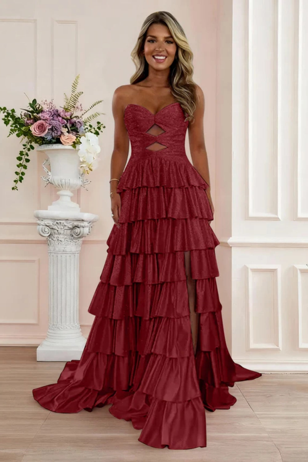 Biztunnel A-line Strapless Ruffled Long Sleeveless Sweetheart Prom Dress with Split