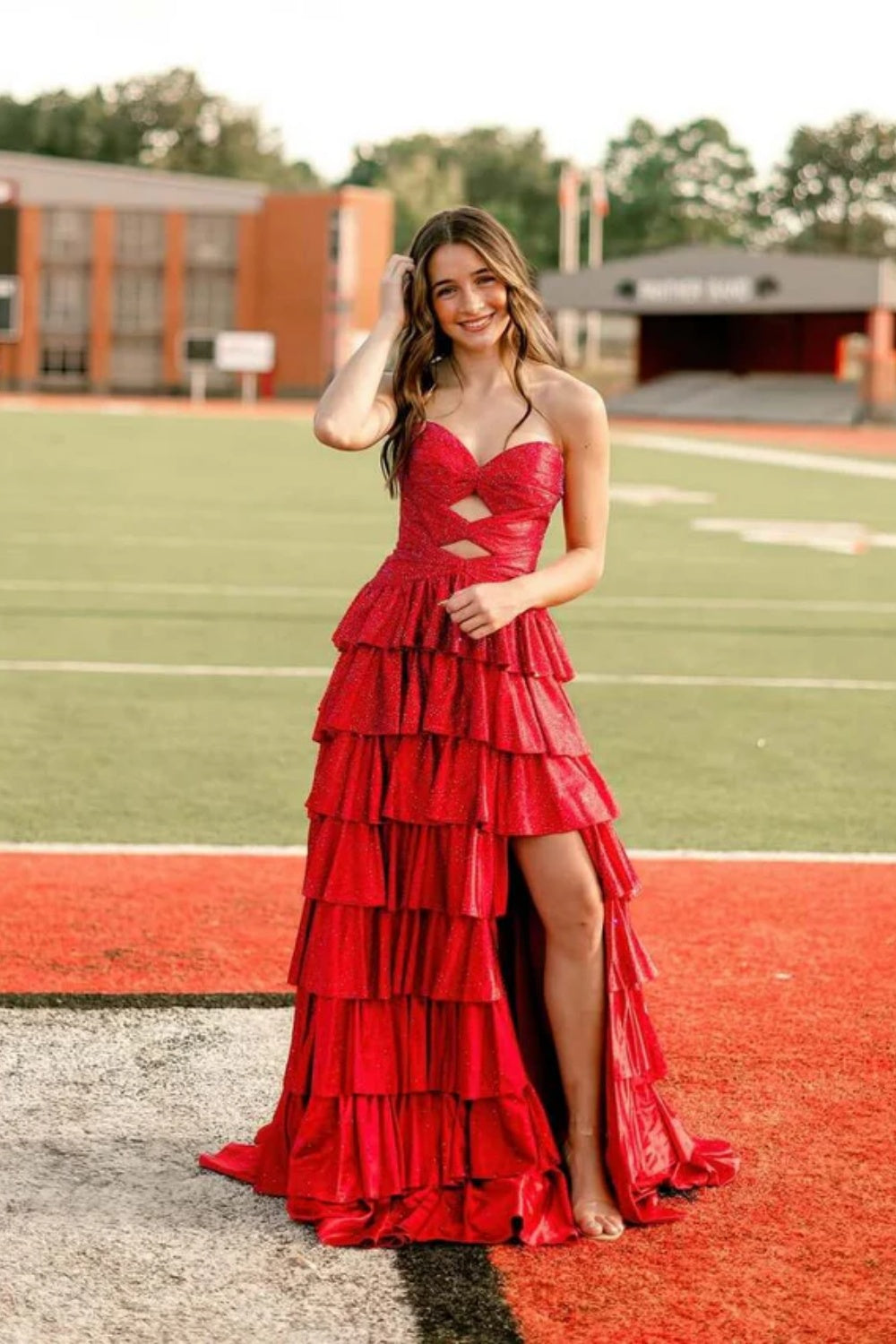 Biztunnel A-line Strapless Ruffled Long Sleeveless Sweetheart Prom Dress with Split