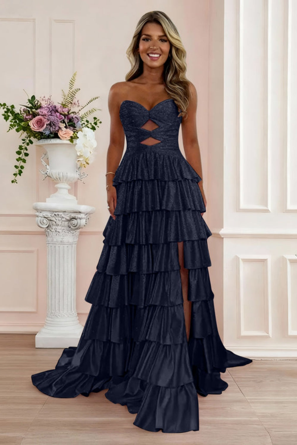 Biztunnel A-line Strapless Ruffled Long Sleeveless Sweetheart Prom Dress with Split