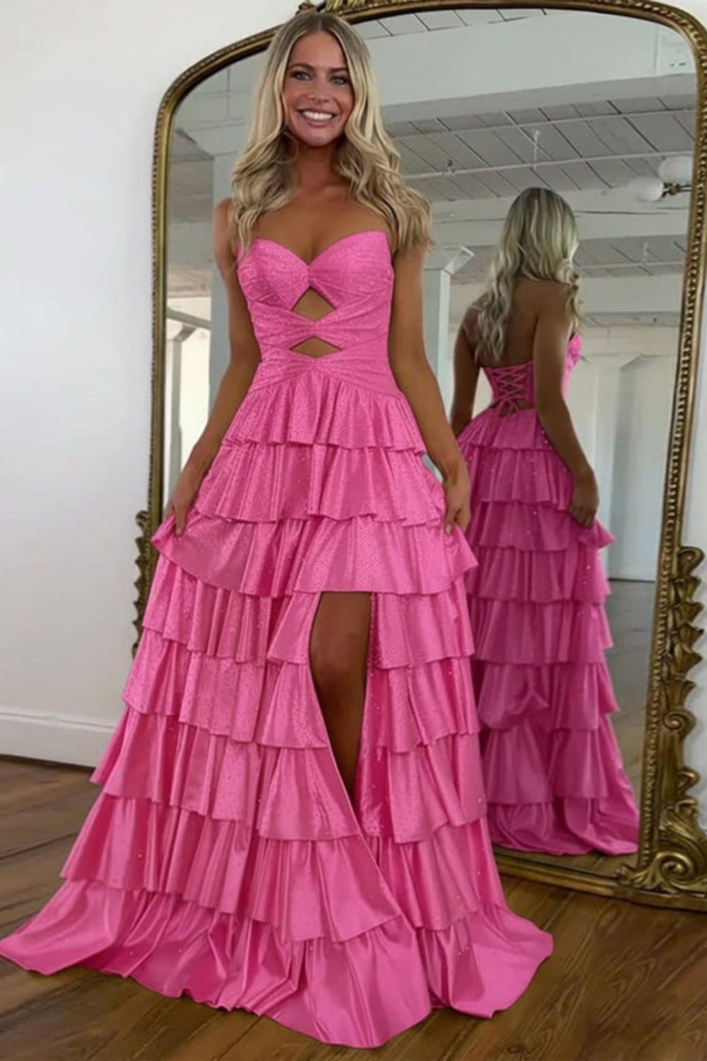 Biztunnel A-line Strapless Ruffled Long Sleeveless Sweetheart Prom Dress with Split