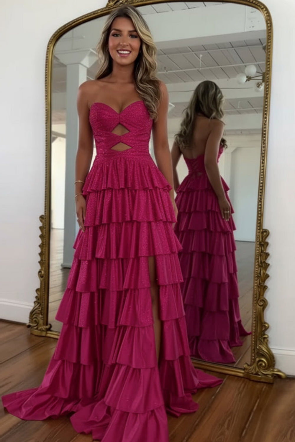 Biztunnel A-line Strapless Ruffled Long Sleeveless Sweetheart Prom Dress with Split