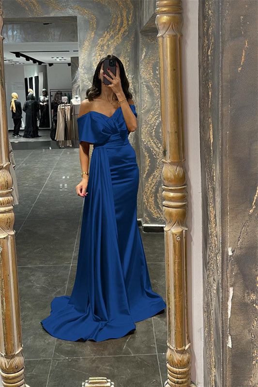 Biztunnel Amazing Orange Off-the-Shoulder Mermaid Prom Dress with Drape