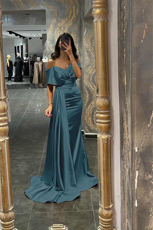 Biztunnel Amazing Orange Off-the-Shoulder Mermaid Prom Dress with Drape