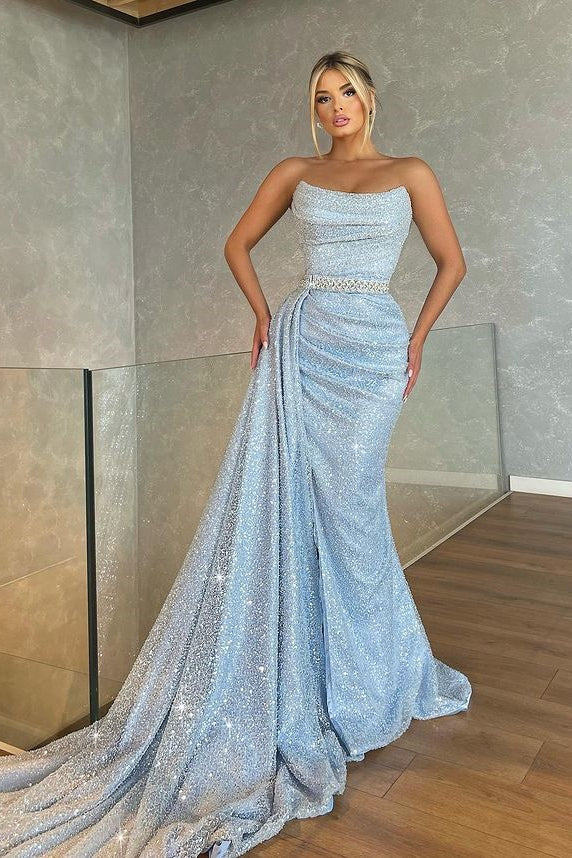 Biztunnel Baby Blue Sleeveless Sequin Strapless Mermaid Prom Dress with Drape