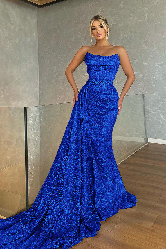 Biztunnel Baby Blue Sleeveless Sequin Strapless Mermaid Prom Dress with Drape