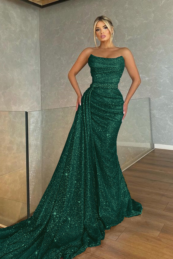 Biztunnel Baby Blue Sleeveless Sequin Strapless Mermaid Prom Dress with Drape