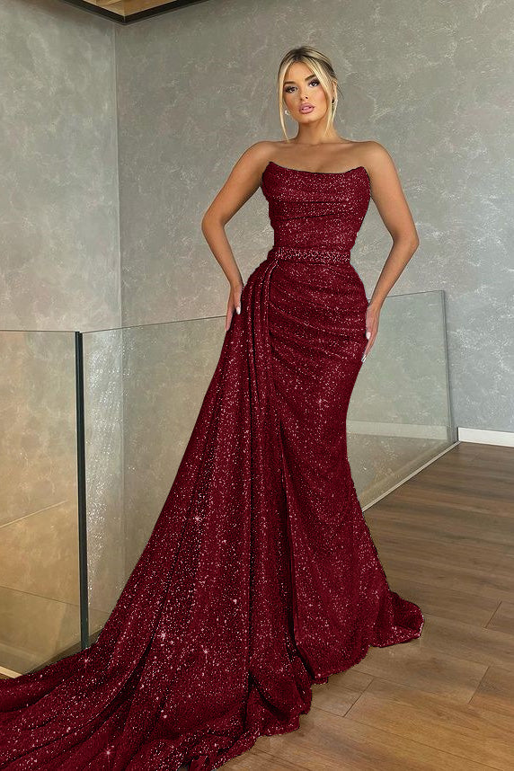 Biztunnel Baby Blue Sleeveless Sequin Strapless Mermaid Prom Dress with Drape