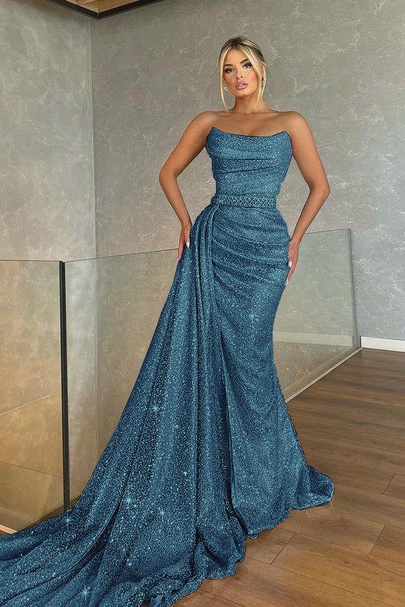 Biztunnel Baby Blue Sleeveless Sequin Strapless Mermaid Prom Dress with Drape