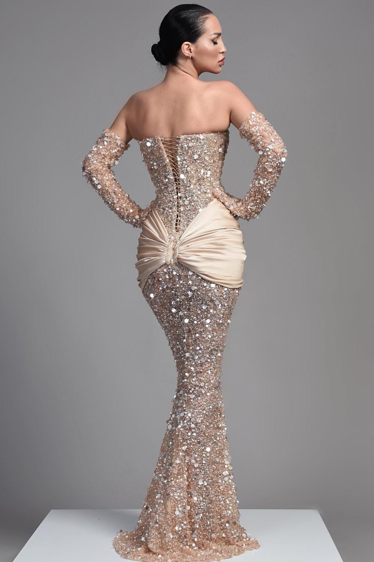Biztunnel Beautiful Champagne Mermaid Sequined Evening Dress with Bow