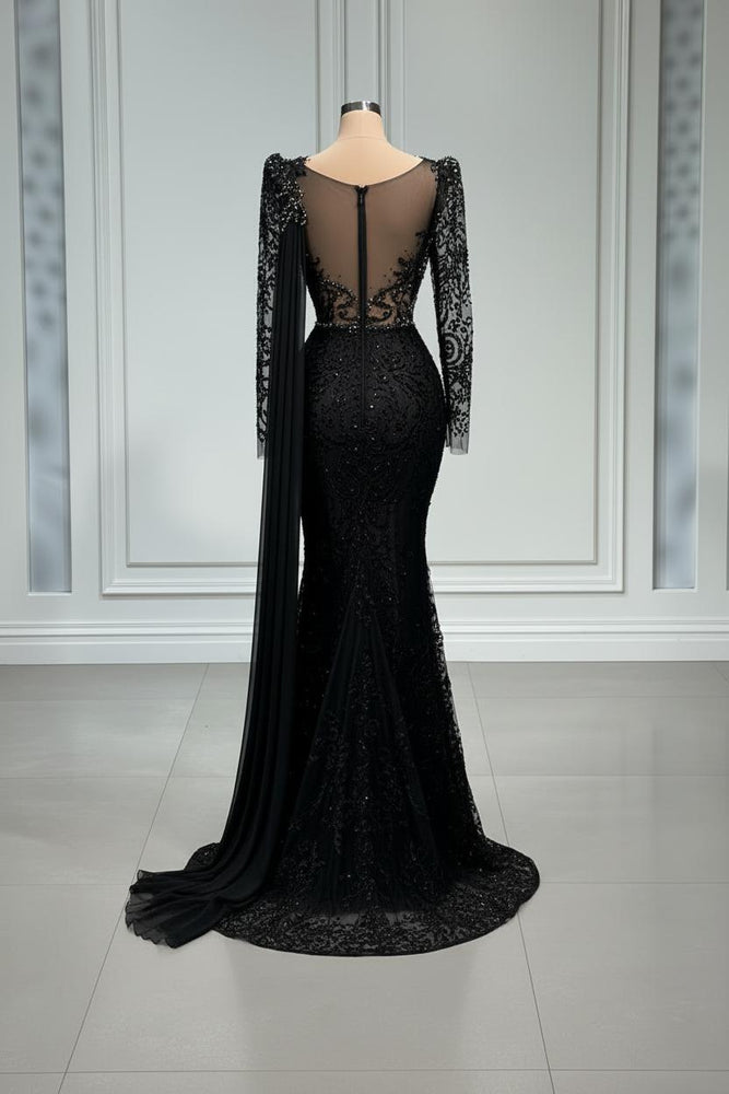 black long sleeve mermaid dress Elegant Black Long Mermaid V-neck Tulle Lace Prom Dress with Sleeves