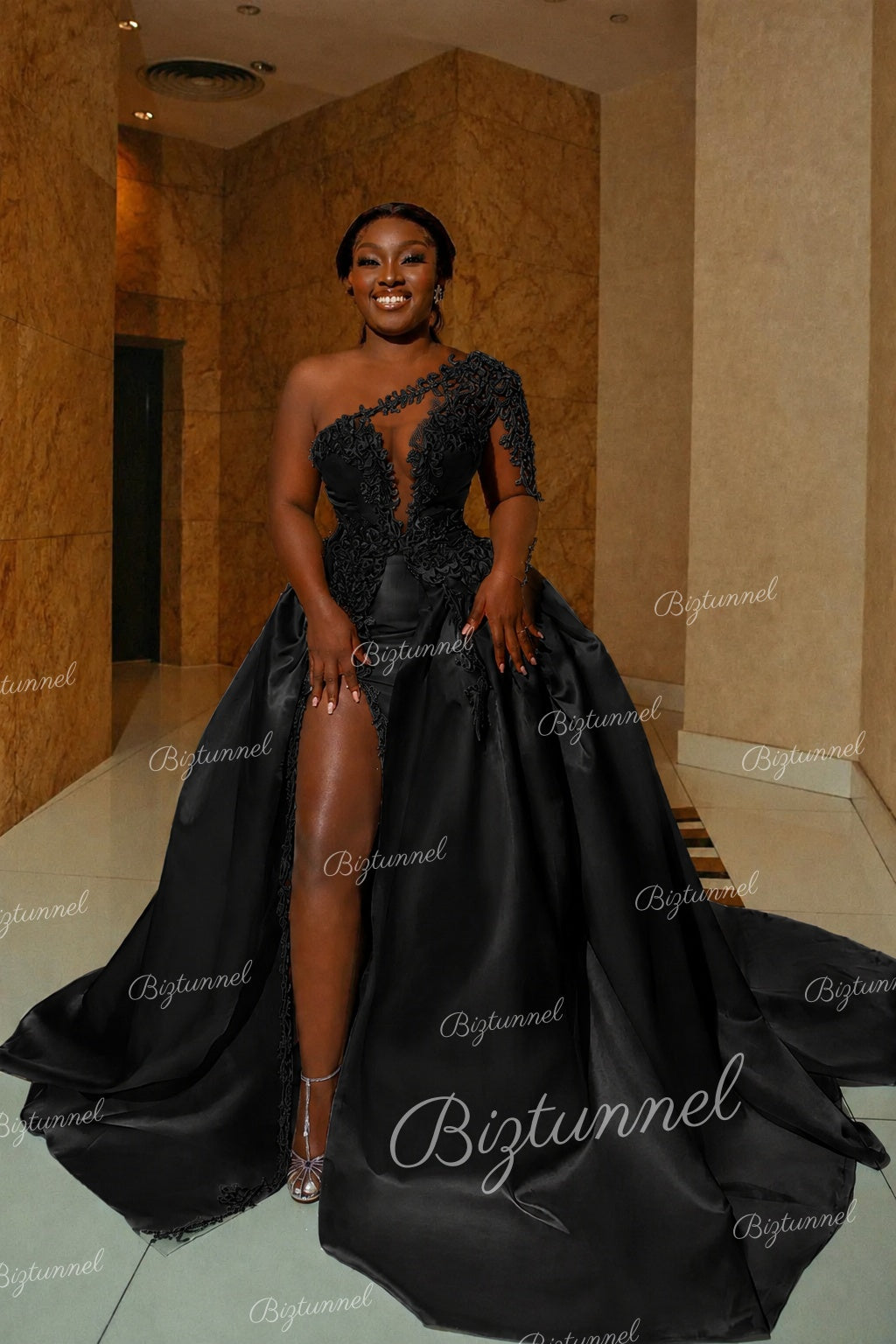 Black BIiztunnel Gorgeous Long A-line Satin Wedding Dress with Slit