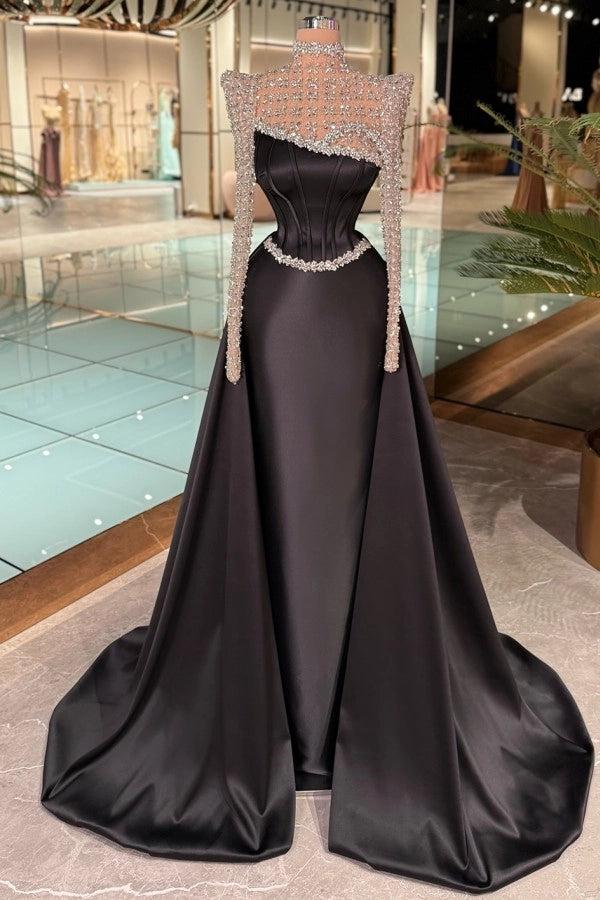 Biztunnel Black Long Sleeves Satin A Line Evening Dress with Rhinestones