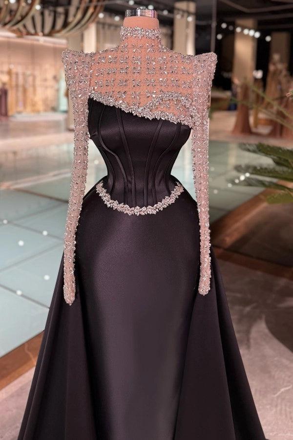 Biztunnel Black Long Sleeves Satin A Line Evening Dress with Rhinestones