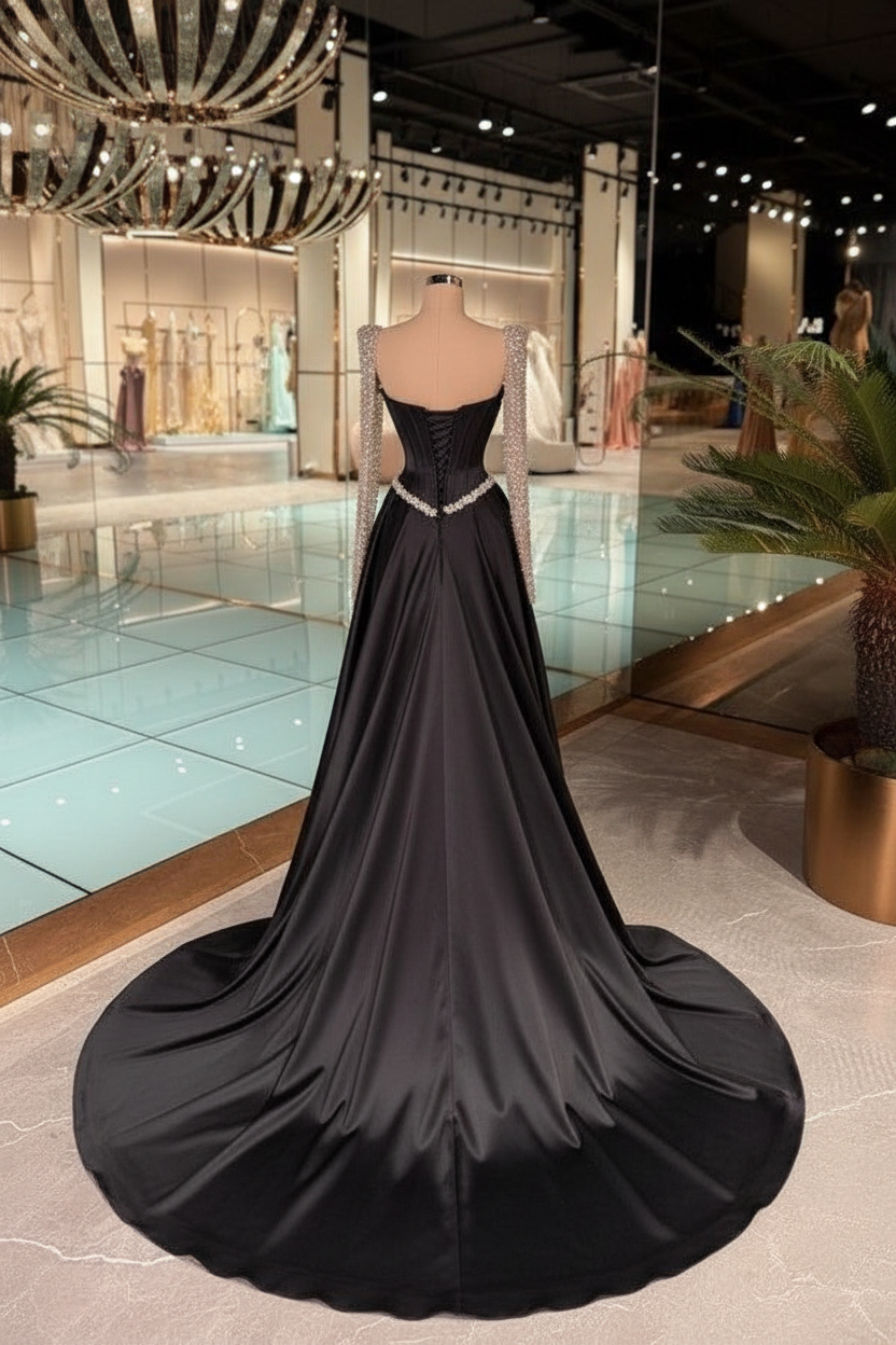 Biztunnel Black Long Sleeves Satin A Line Evening Dress with Rhinestones