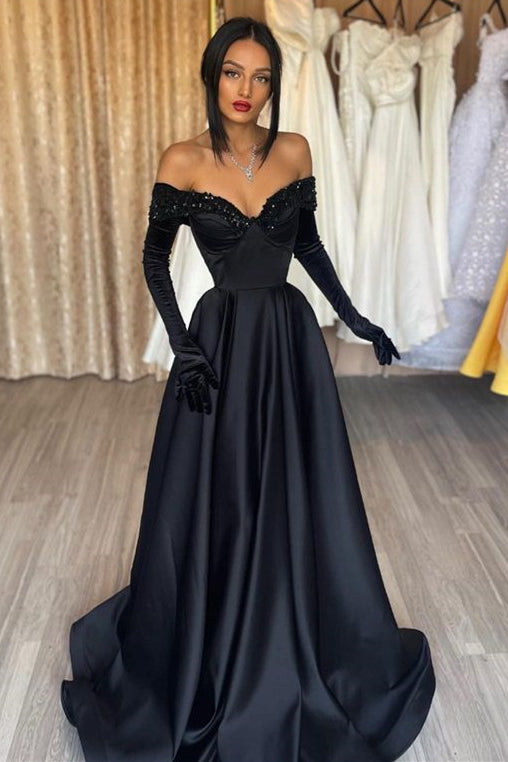Biztunnel Black Off-the-Shoulder A Line Long Evening Dress with Gloves