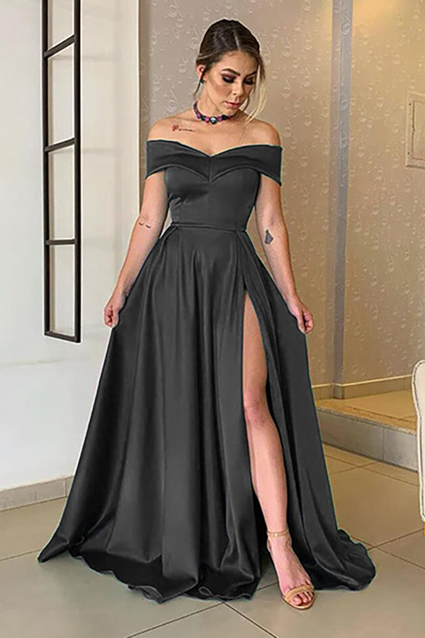 Biztunnel Black Off-the-Shoulder Satin A line Long Prom Dress with Split